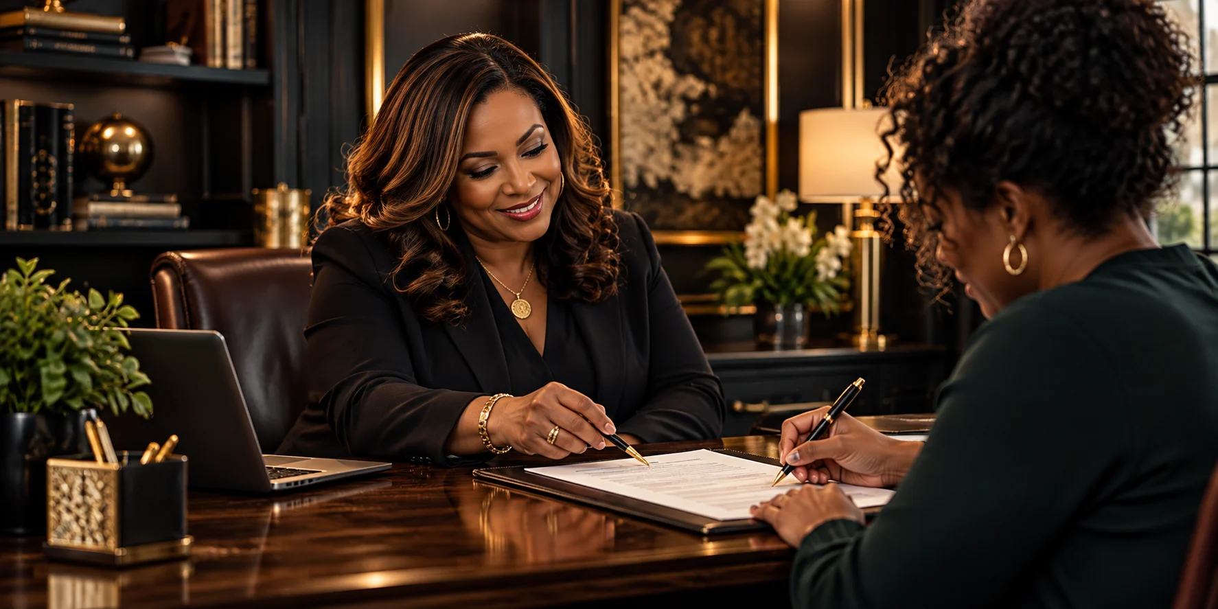 Professional consultation and document signing in an elegant office.